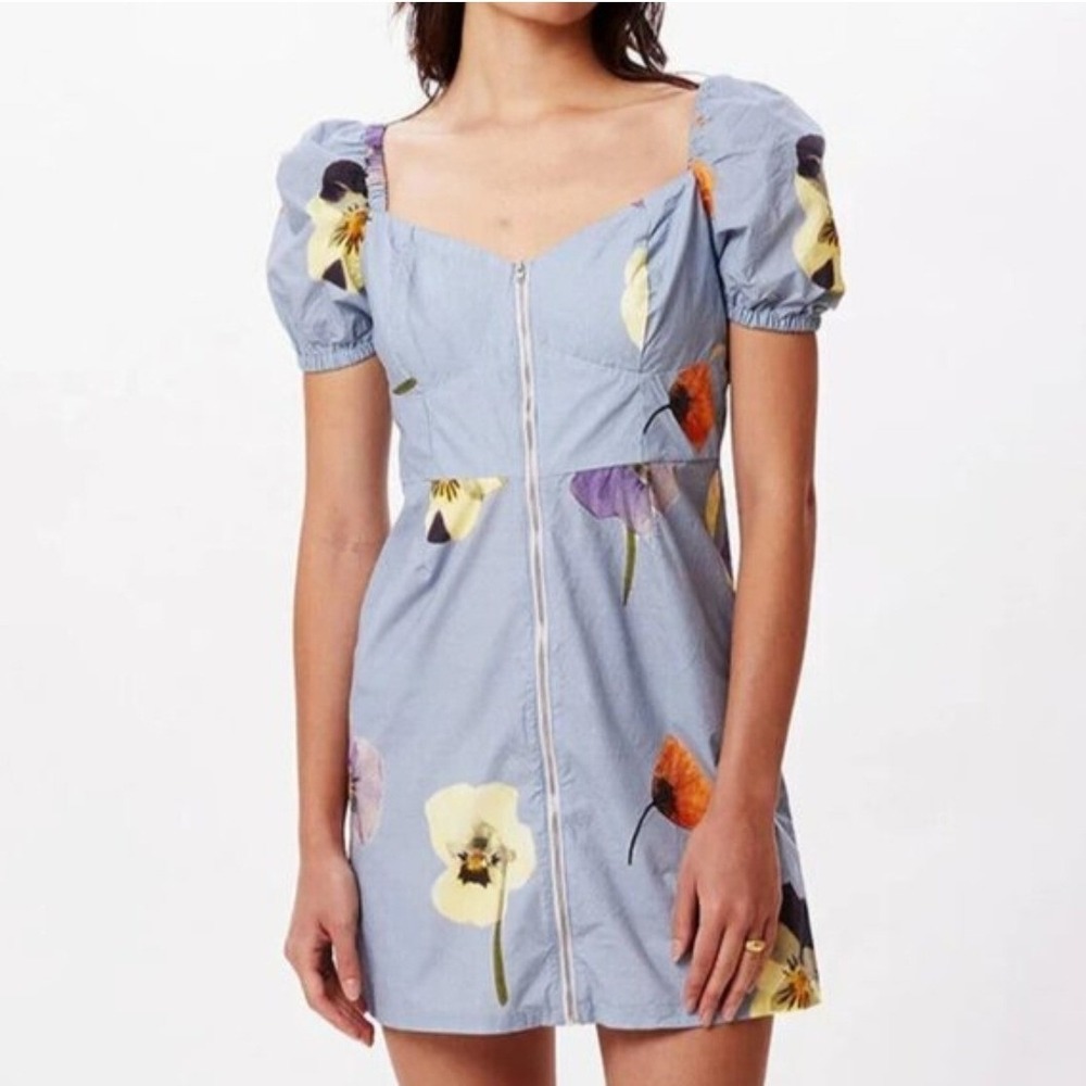 Obey NWT Redux Dress Opal Multi Floral Pansy Blue Cotton Mini Puff Sleeve Size M